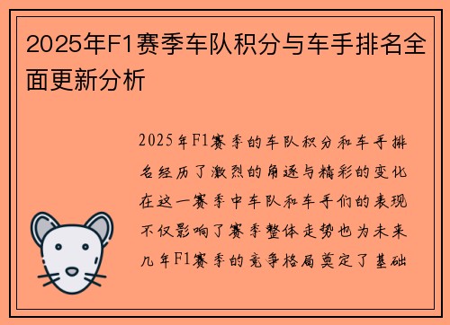 2025年F1赛季车队积分与车手排名全面更新分析