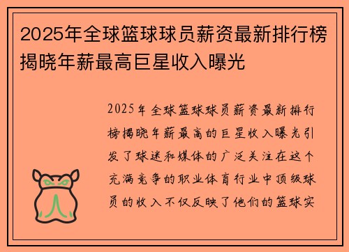 2025年全球篮球球员薪资最新排行榜揭晓年薪最高巨星收入曝光